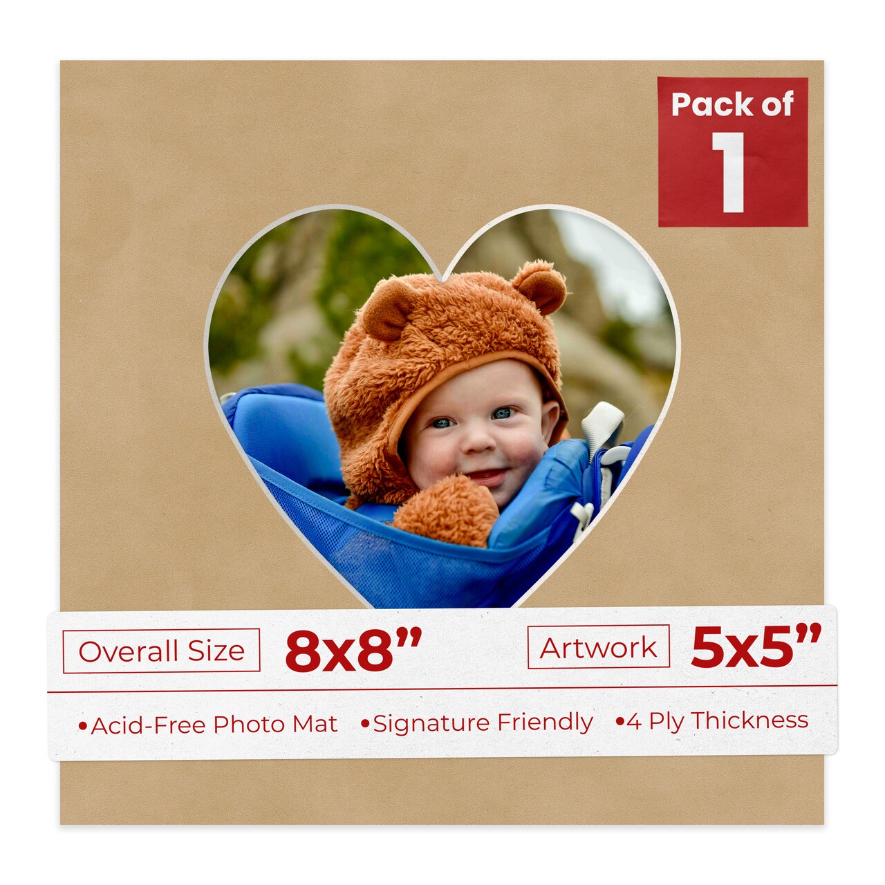 Beige Suede Mat Board for 8x8 Frames - Heart Opening for 5x5 Photos